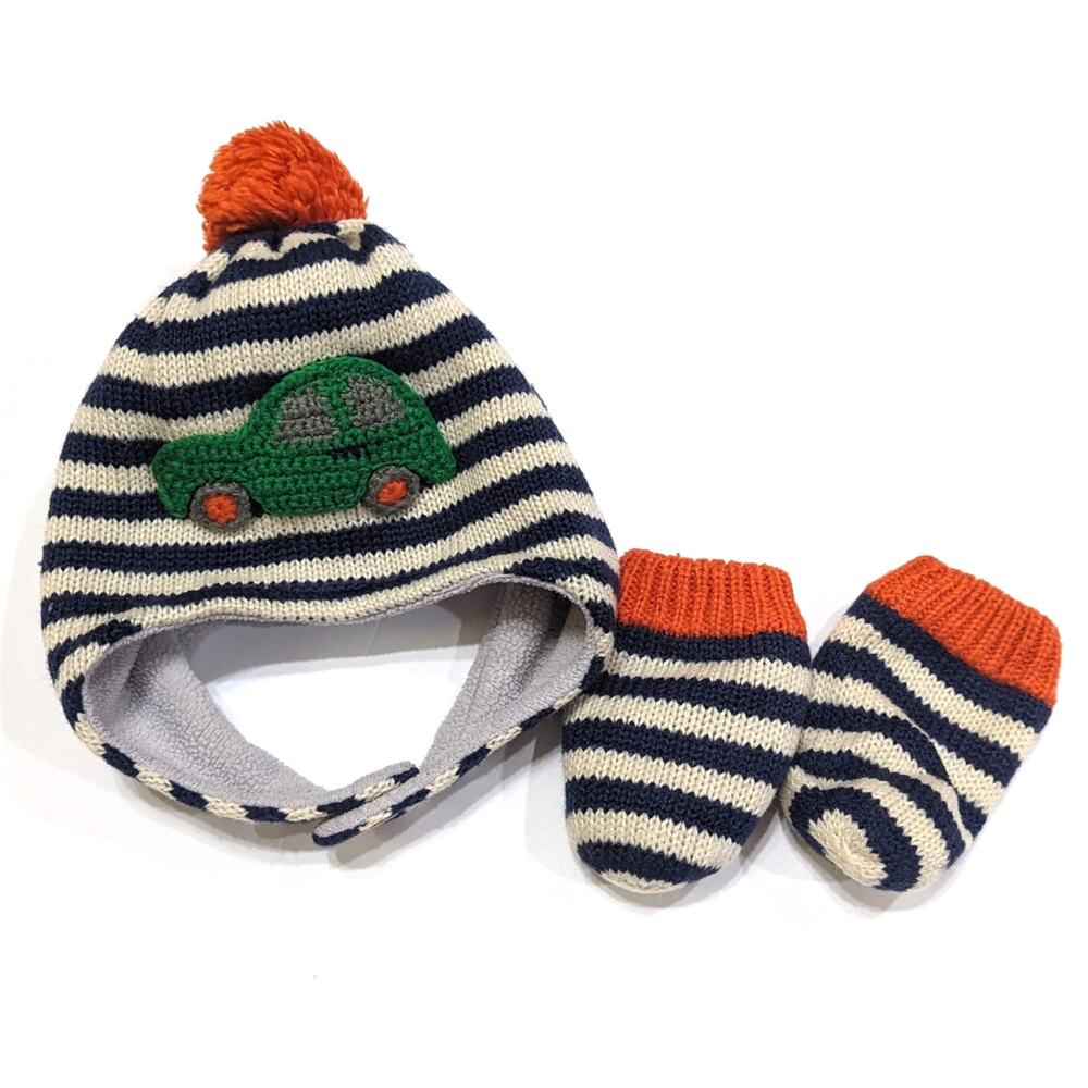 Baby Boden Winter Hat Mittens Set Boys Size 0-6m Blue Car Pom Pom